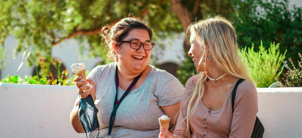 Students eating ice cream and hanging out